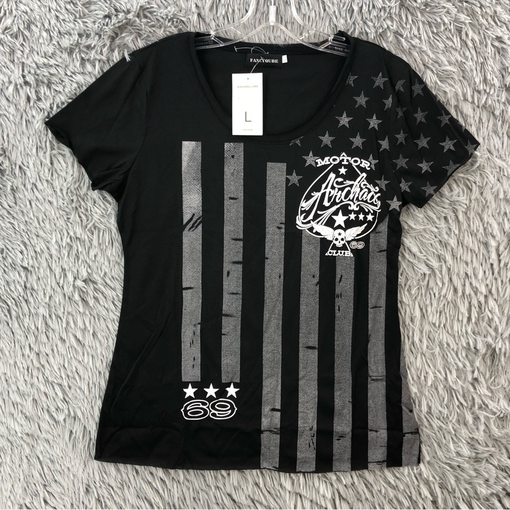 Fancy Qube Tshirt Womens Large Archaic Motor Club American Flag Raw Edges NWT